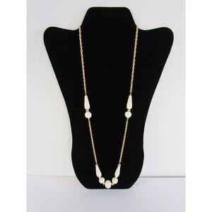 Vintage 60s Crown Trifari Sautoir Necklace Carved Faux Ivory  Gold Tone